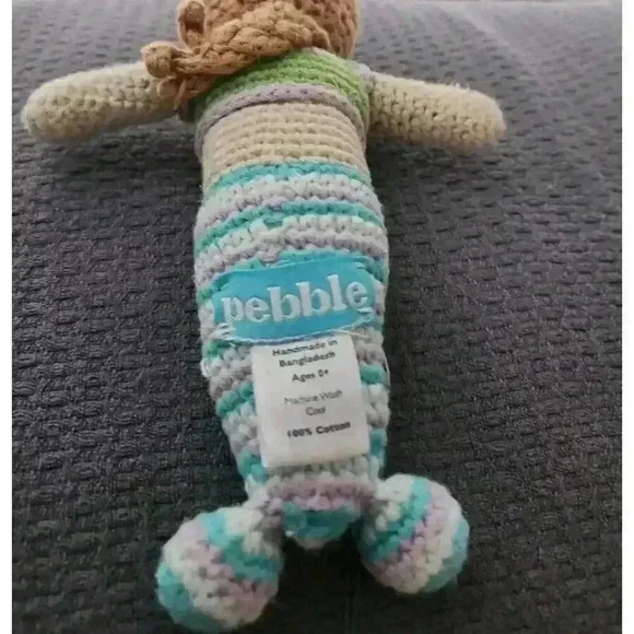 Pebble Crocheted Mermaid Girl w Aqua Purple & White Striped Tail Baby Rattle - Picture 3 of 4